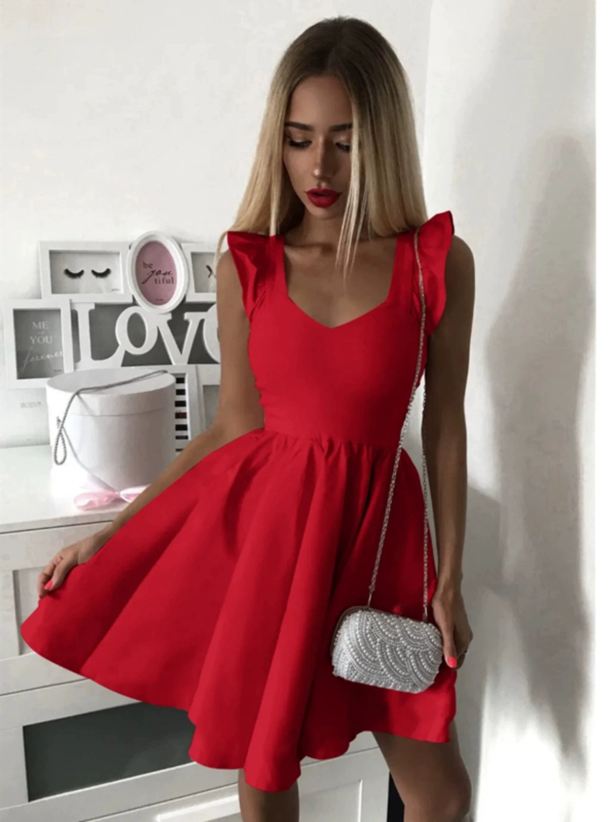 2025 Sexy Deep V Tight Waist Little Short Dress Red Slimming Dress