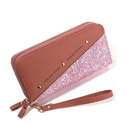 New Women Long Wallet Double Zipper Mobile Phone Bag Student Rivet Wallet Large Capacity Clutch Soft Coin Purse