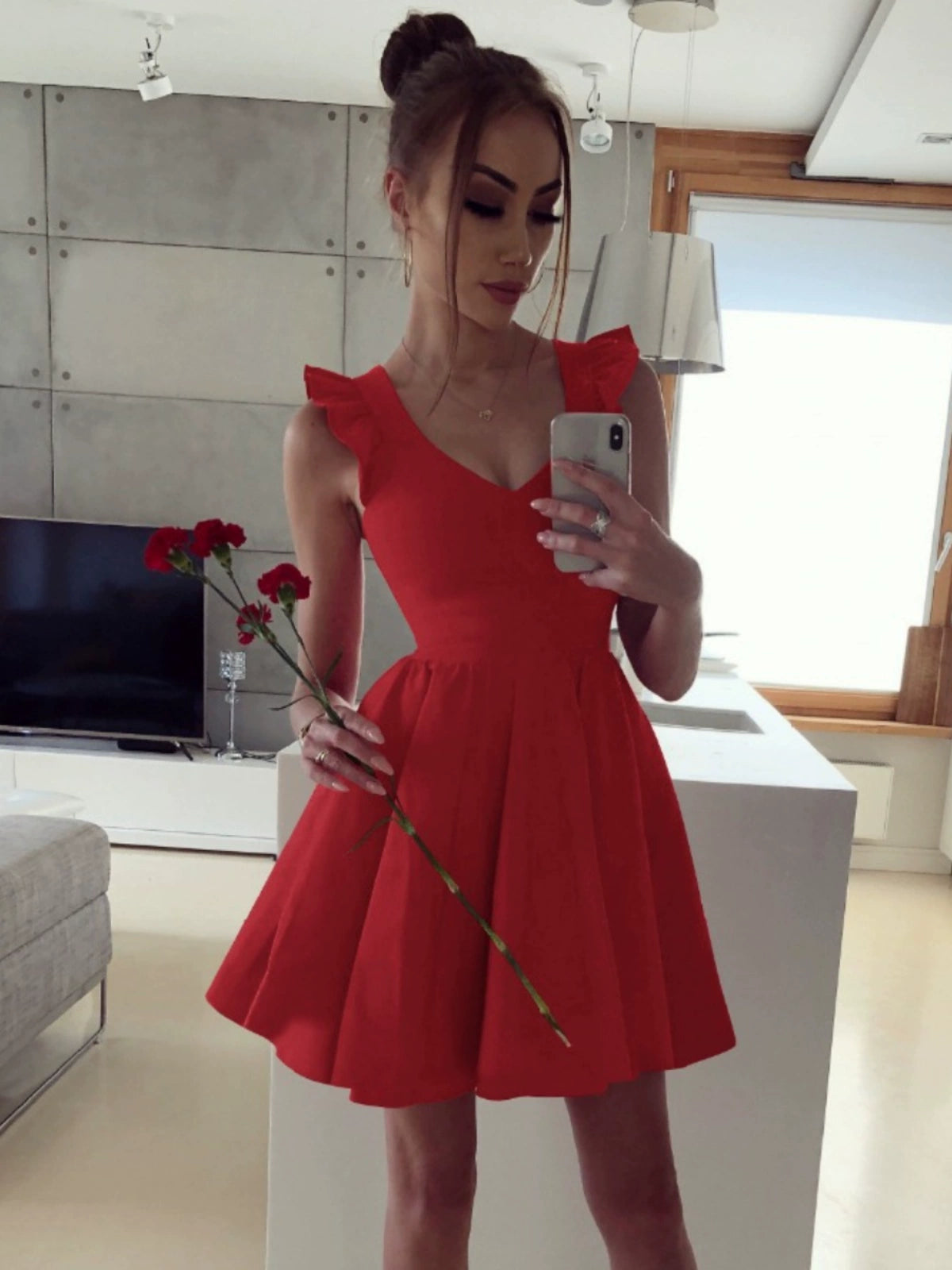 2025 Sexy Deep V Tight Waist Little Short Dress Red Slimming Dress