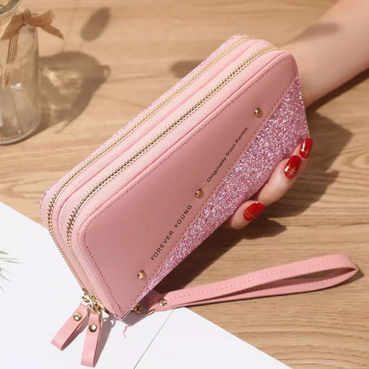 New Women Long Wallet Double Zipper Mobile Phone Bag Student Rivet Wallet Large Capacity Clutch Soft Coin Purse