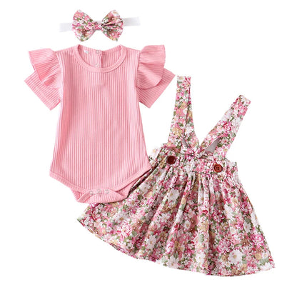 3Pcs Summer Newborn Baby Girl Clothes Set Short Sleeve Romper Floral Dress Overalls Headband Toddler Infant Clothing Cute Outfit