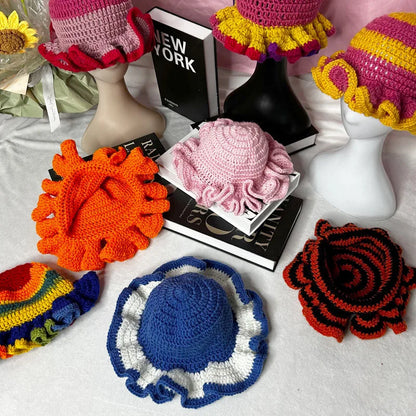 Handmade Crochet Knitted Hats Women Girl Crochet Scallop Ruffle Edge Knit Bucket Caps Adult Trendy Rainbow Striped Beach Sun Hat