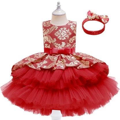 Baby Girl Dress Fashion Jacquard Princess Dress Flower Cake Skirt Elegant Trailing Dress Girl Birthday Party Dress Girl Dress