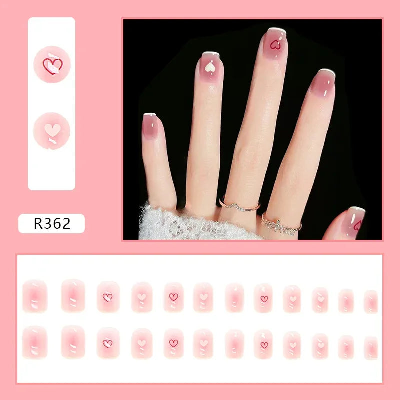 Vintage Camellia Wearable Pink Press on Fake Nails Tips with Glue False Nails Design Butterfly Lovely Girl False Nails