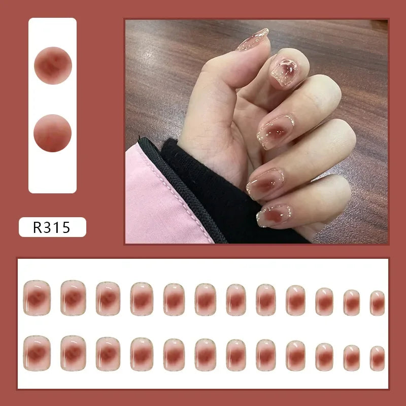 Vintage Camellia Wearable Pink Press on Fake Nails Tips with Glue False Nails Design Butterfly Lovely Girl False Nails