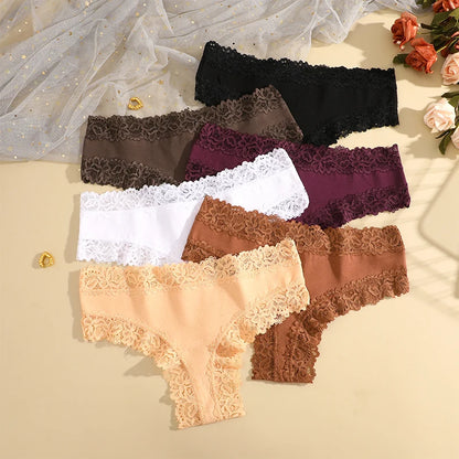 FINETOO 4PCS Women Cotton Brazil Panties Sexy Low Waist Lace Briefs Solid Color Stretch Underpants Comfortable Lingerie Panties