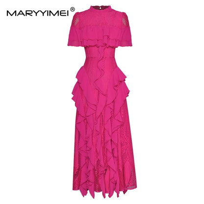 MARYYIMEI Fashion Runway dress Summer Women Dress Short sleeve Hollow out Ruffled Lace patchwork Vintage Party Dresses