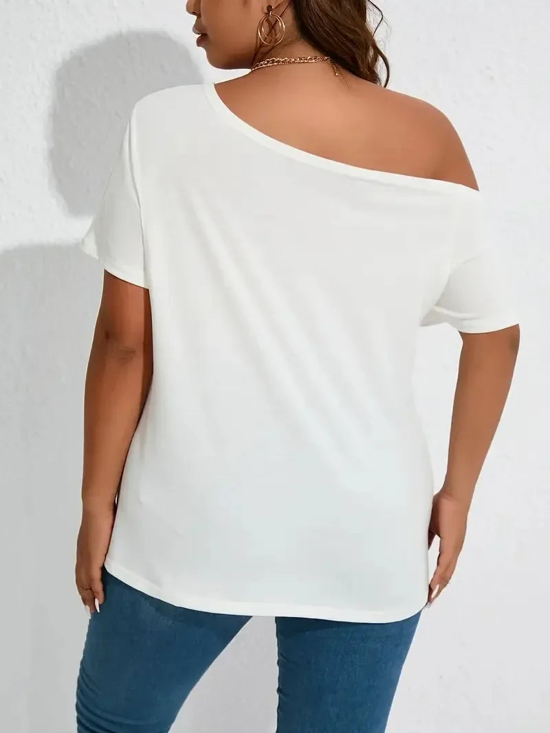 Plus Size 1XL-5XL Women's Fashion Off Shoulder Short Sleeved Loose L  T-shirt Casual Top Half Sleeved T-shirt