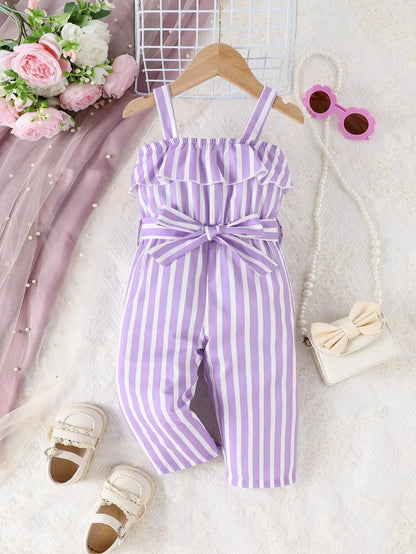 Summer Baby Girl New Foreign Style Sweet And Cute Belt Belt Purple Stripes Comfortable Breathable Holiday Seaside Style