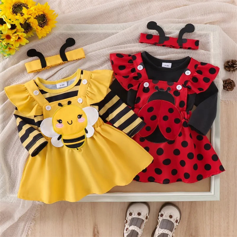 Pudcoco Infant Baby Girls Autumn Skirt Sets Flying Sleeve Romper Bee/Beetle Embroidery Suspender Dress Headband Sets