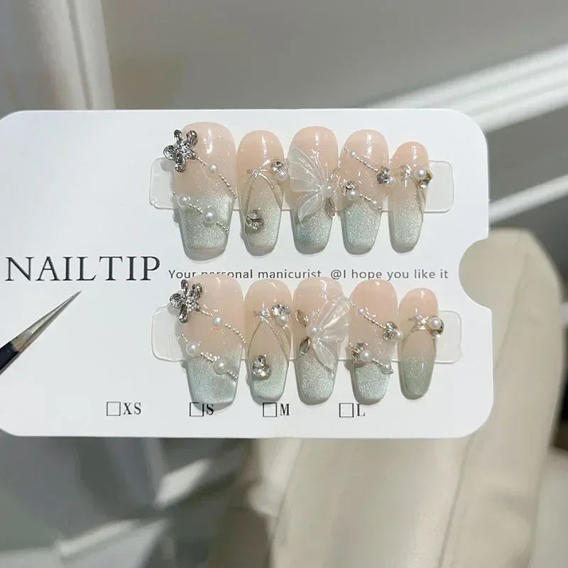 10pcs Gradient Pink Fake Nail With 3D Moon Heart Diamond Design m