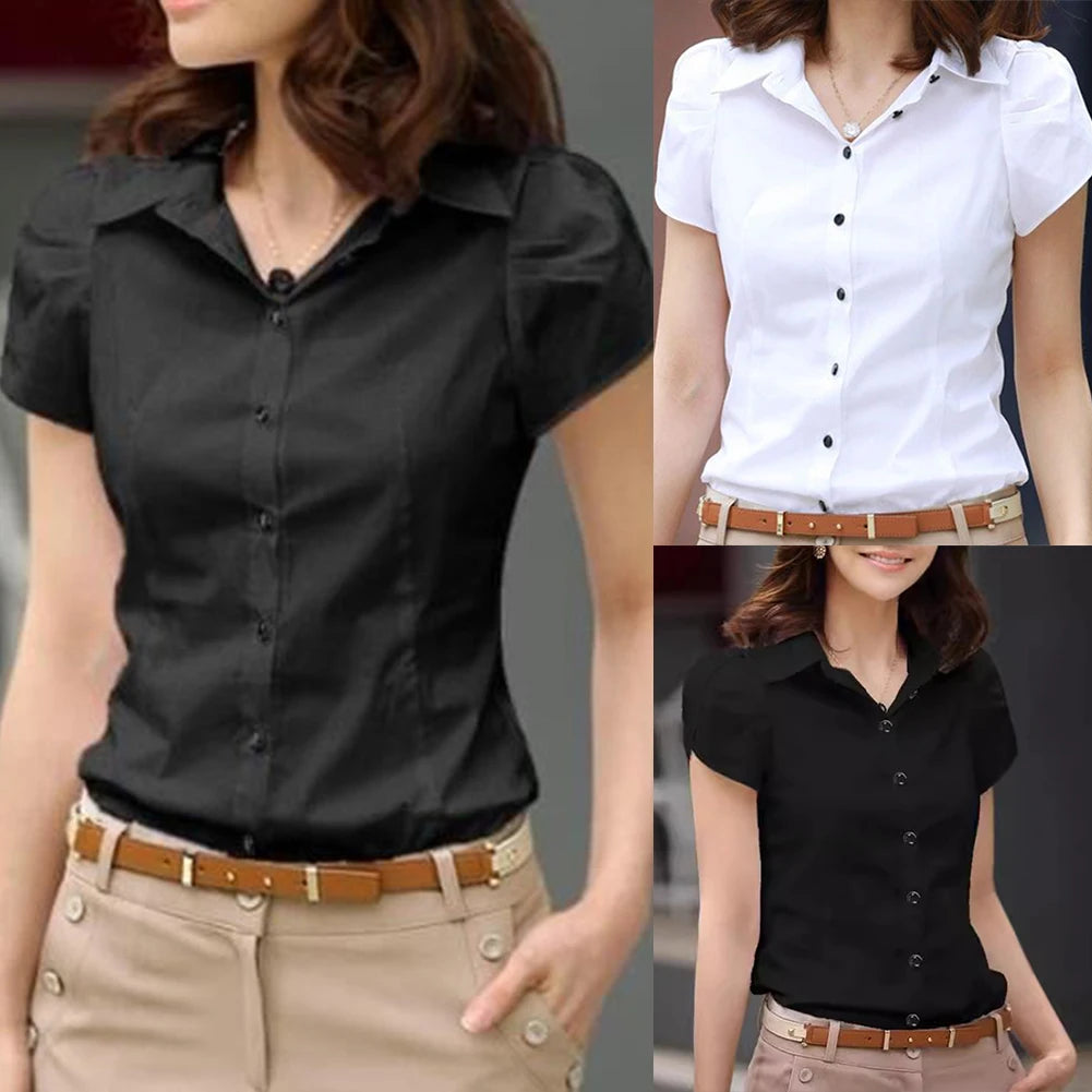 Women Short-sleeved Business Summer Shirt Plus Size Work Clothes Korean Style Women's White Short Sleeve Slim Fit Wear Blouse