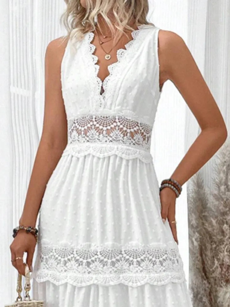 Women's White Party Dress Fashion Lace V-neck Ruffle Hook Flower Hollow Waist Maxi  Dresses