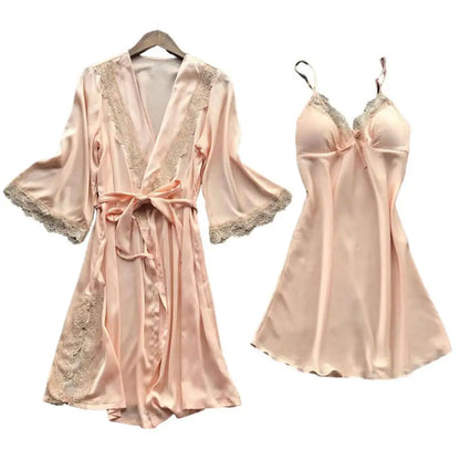 2 Pcs/Set Women Pajama Set Lace Patchwork Bow Decor Solid Color Loose Silky Lace-up Tight Waist Loose Long Sleeve Nightgown Slee