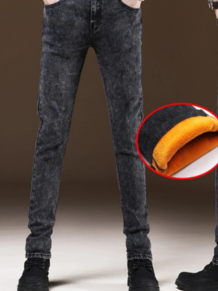 2024 Winter Mens Add Wool Thicken Jeans Mens Printed Casual Stretch Fleece-lined Denim Pants Male Jeans Daily Classical Trousers
