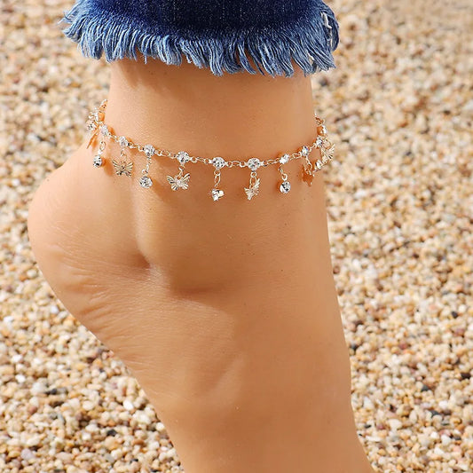 Vintage Boho Rhinestone Butterfly Pendant Anklet For Women Bohemian Summer Beach Anklets On Foot Ankle Bracelets Jewelry