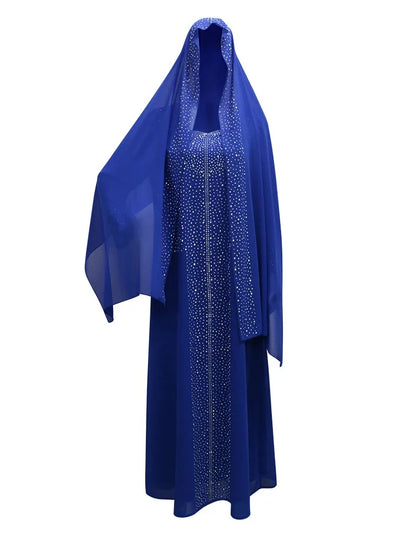 Saudi Arabic Two Piece Set Hijab & Party Dress for Women Muslim Abaya Diamond Scarf Dresses