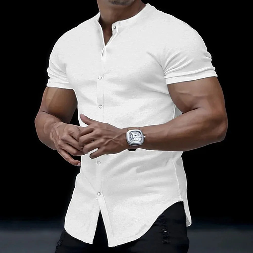 2025 Fashion Men's Stand Collar Short-sleeved Shirts Summer Solid Slim Casual Cardigan Versatile T-shirts Social Blouses for Men