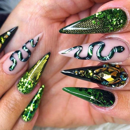 Long Stiletto Green Glitter Glue on Nails with Snake and Rhinestones