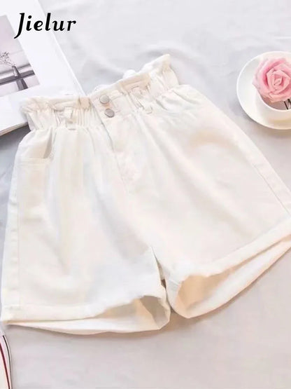 Jielur Summer Black Women Denim Shorts Women S-5XL Harem Ruffled White Blue High Waisted Shorts Female Elastic Short Jeans