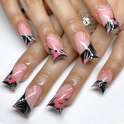 24pcs Duckbill Shaped Fake Nails Gold Butterfly Rhinestone Design False Nail Tips Wearable Full Cover French Press on Nails