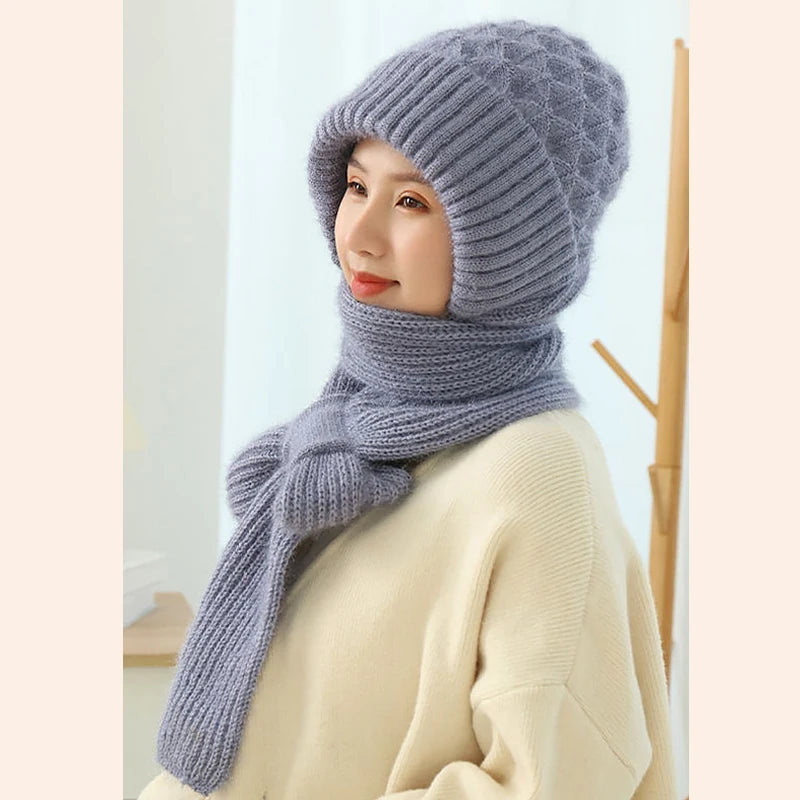 Velvet Thickened Plush Hats And Scarf All In One Knitted Women's Winter Double Layer Warm Wool Hooded Ear Protection Beanie Cap