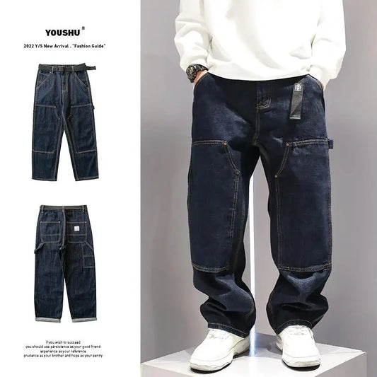 Washed Straight Leg Jeans for Men with a Niche Design Sense Loose and Versatile Wide Leg Long Pants and Stylish Work Pants