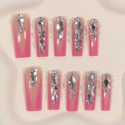 Enhance your charm with 24 pieces of long coffins, pink French patterns, 3D butterfly dots, diamond false nails