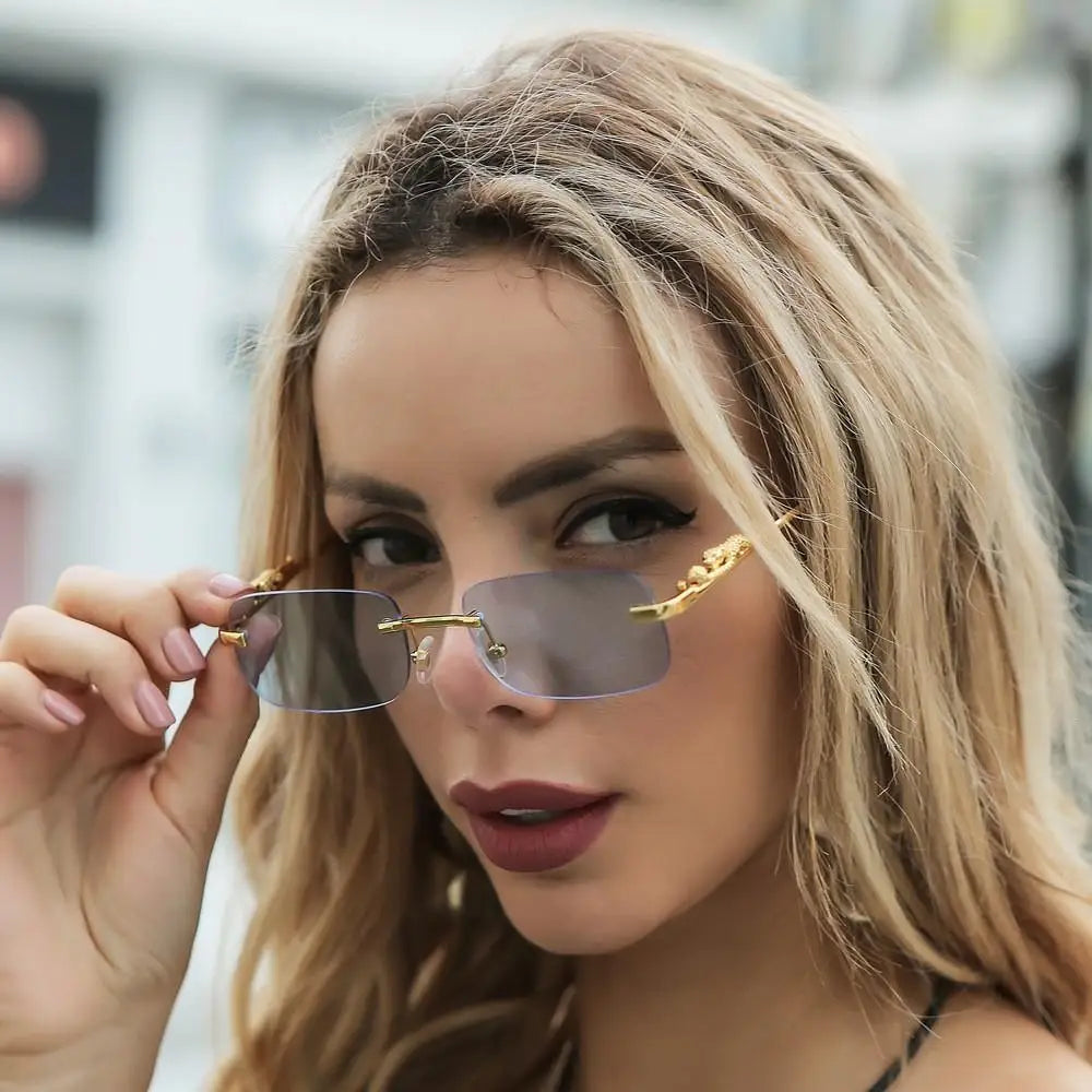 Square Rimless Sunglasses Women Men Cut Edge Golden Leopard Small Frame Sun Glasses Designer Retro Shade Eyewear UV400 oculos