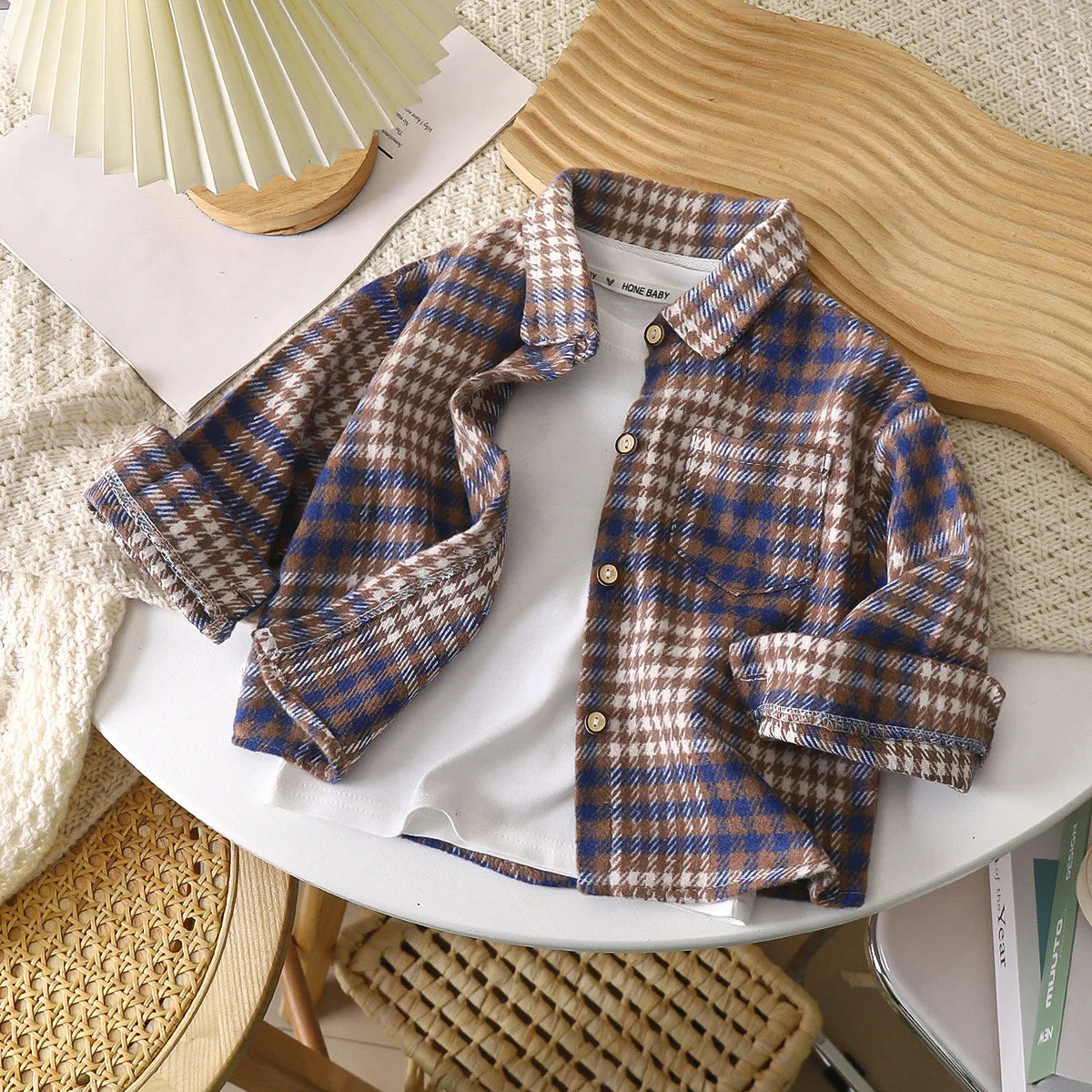 2-9Y Kids Boys Girls Spring Fall Vintage Plaid Shirt Cotton Clothing Long Sleeve Lapel Single Breasted Cardigan Base T-shirt