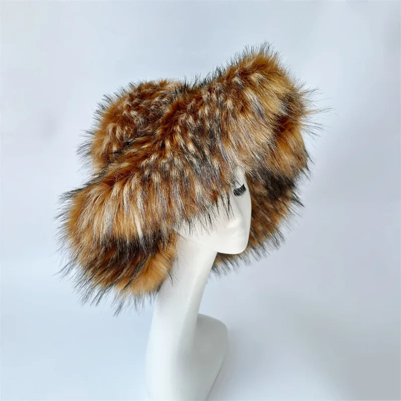 Fur bucket hat and bag set Women's warm plush autumn and winter hat Punk style imitation raccoon fur basin hat and handbag