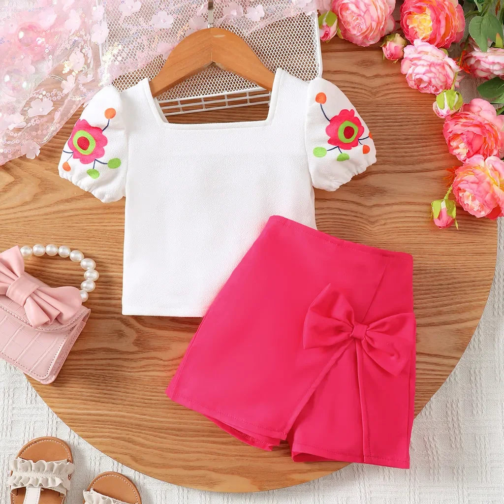 Toddler Baby Girl 2PCS Clothing Set Flower Short Sleeved Top with Pink Bow Shorts Fashion Cute Style Outfit for Infant 0-2 Years