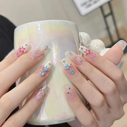 24Pcs Short Square False Nails with Jelly Adhesive Glitter Gradient Design Detachable Fake Fingernails Full Cover Press on Nails