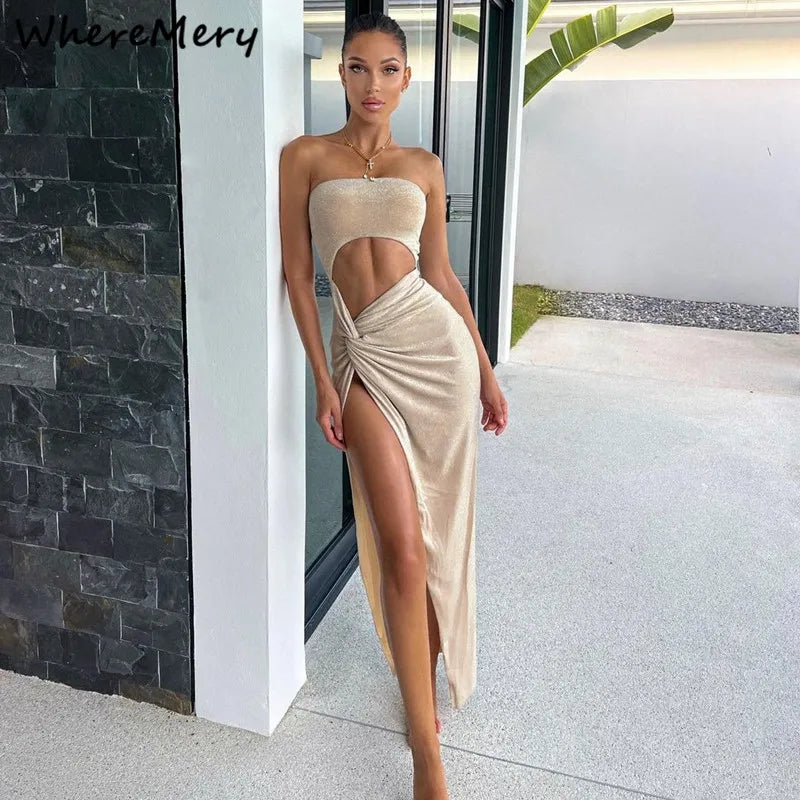 Summer Sexy Sleeveless Slit Dress Hollow Out Skinny Elegant Women Long Dresses