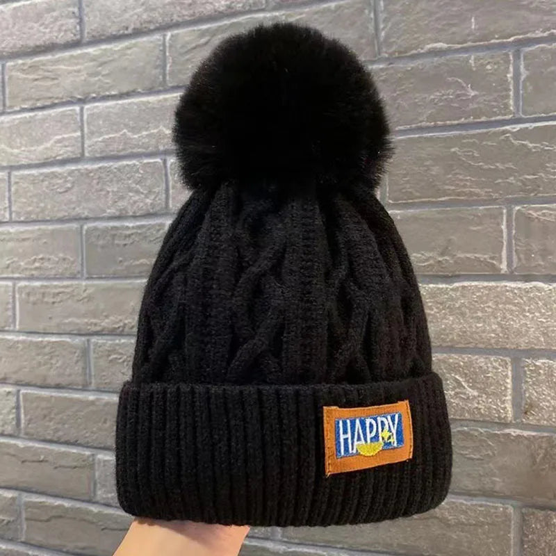 Soft Thick Knitted Beanies Cap With Hairball Winter Warm Lining Velvet Woolen Hat Fashion Twist Weaving Outdoor Causal Women Hat