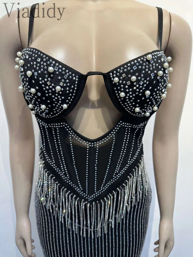 Rhinestone Beading Hollow Bandeau Backless Slim Party Dress