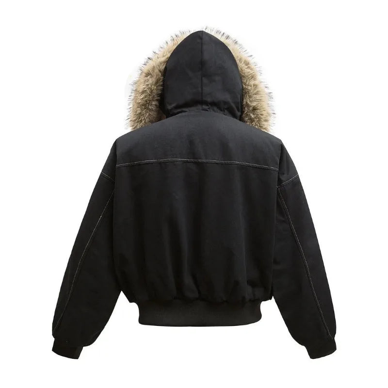 Y2K New American Cleanfit Fur Collar Imitation Mink Fur Hooded Cotton-padded Jacket Men Gothic Retro Hip-hop Short Tooling Coat