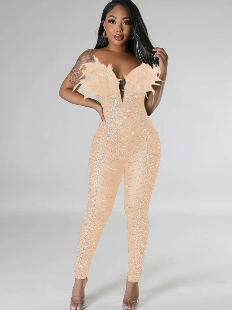 Beyprern Start Your Engines Jumpsuit Sparkle Off Shoulder Sheer Mesh  Feathers Crystal Night Jumpsuits Overalls Birthday Outfits