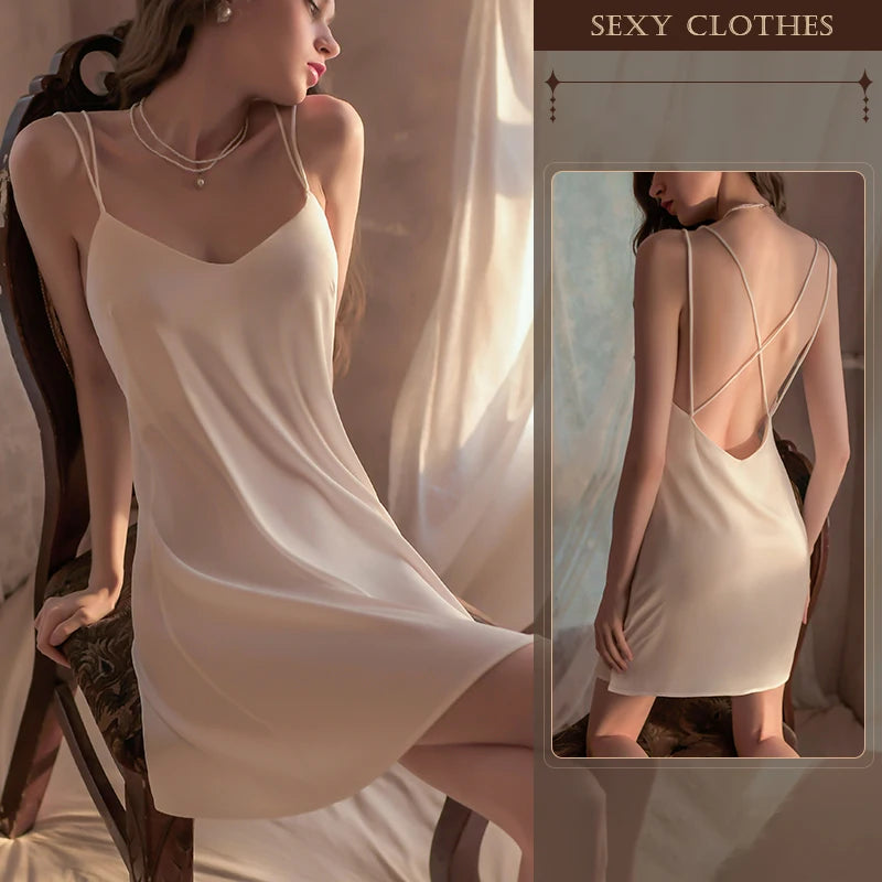 SSLYRJYL Elegant Nightgowns Silk Satin Nightgowns Lingerie  For Women Deep V  Luxury Nightgown Nightdress Women Sexy Sleepwear