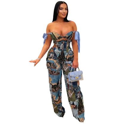 Oil Painting Printed Women's Set Lace Up Back Crop Top and Pants Suit 2025 Fall Winter