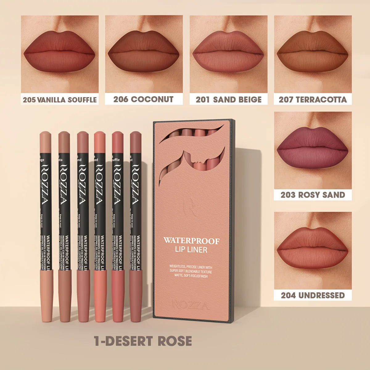 6pcs ROZZA Nude Lip Liner Set - Water-Resistant, Matte Finish Crayon Lip Pencils Non-Smudging & Easy-to-Apply