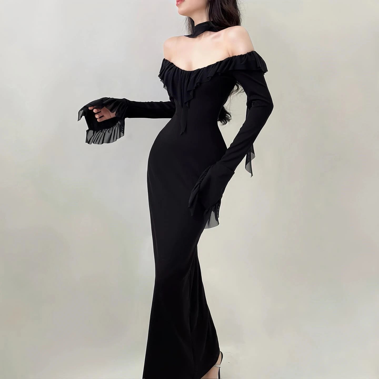 Mesh Ruffles Evening Dress Round Collar Slim Long Sleeve