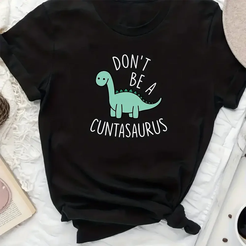 Plus Size Casual T-shirt Women's Plus Cute Dinosaur & Slogan Print Short Sleeve Round Neck Slight Stretch Tee