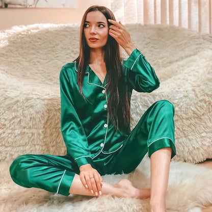 M-XXL On Sale Silk Satin Pajamas Suit Women Full Sleeve Lounge Homewear Clothes Loose Home Pyjamas Nightwear Clearance Sale