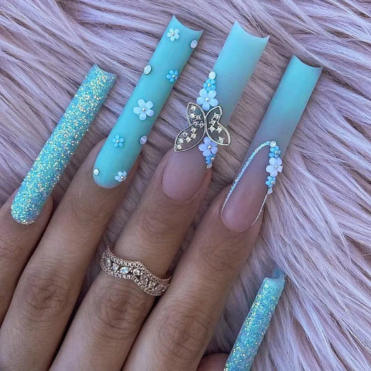 24 Pieces of Long Coffin Shaped Blue Glitter and Gradient Pattern 3D Butterfly Dot Diamond Frosted Fake Nails Summer Series