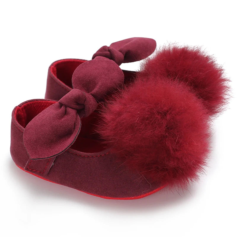 Cute Red 0-18M Newborn Baby Girl Plush Ball Decoration Princess Shoes Children's Crib Sole Anti Slip First Walking Shoes