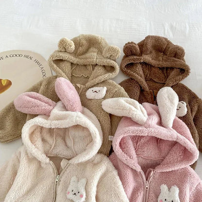 Cute Rabbit Ears Plush Baby Jacket Sweet Princess Girls Coat Autumn Winter Warm Hooded Outerwear Toddler Girl Clothes