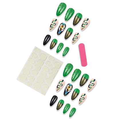 Long Stiletto Green Glitter Glue on Nails with Snake and Rhinestones