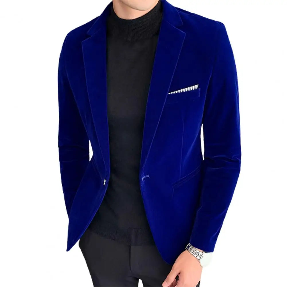 Spring Velvet Men Blazer Solid Color Temperament Suit Jacket Turndown Collar Long Sleeve Slim Fit Single Button Velvet Suit Coat