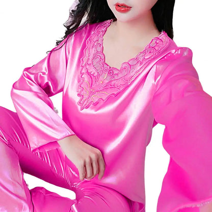 2 Pcs/Set Women Pajamas Set Silky Long Sleeves Spring Nightie Set V Neck Loose Sleeping Lace Women Nightie Set For Bedroom